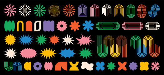 Abstract futuristic brutalist geometric shapes, frame, textbox, icons in trendy retro groovy, Y2K style. Colored rays, arrows, arches isolated on black background, elements label sticker. Vector EPS10