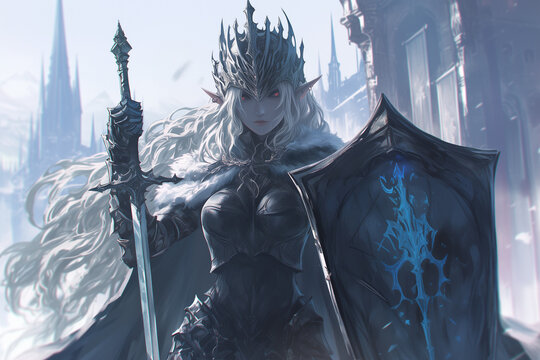 regal elf queen in a dark crown and ornate armor, standing with a large shield, gazing over her icy castle in the midst of winter