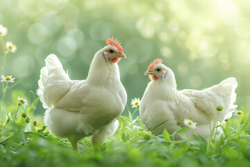 Fototapeta premium The roosters and hens in the rice field. 