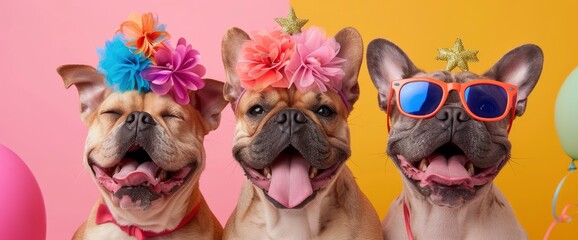 Fototapeta premium Three French Bulldogs Dressed in Party Hats and Accessories