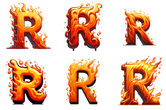 R - alphabet letters made from fire, in cartoon style, isolated white background