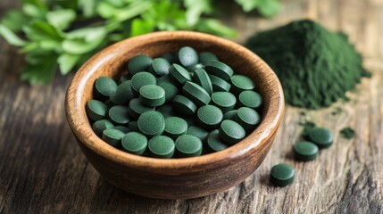 Fototapeta premium Green algae pills in bowl on wood. Perfect for illustrating health, wellness, or natural supplement concepts.