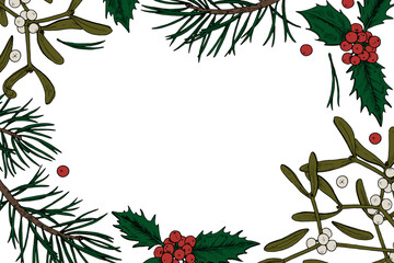 Fototapeta premium A vector illustration of a Christmas greeting card with botanical motifs. The festive design includes holly and mistletoe branches, perfect for conveying holiday cheer and New Year blessings