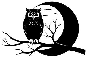 owl perched on a tree branch against a full moon silhouette Vector with a white background