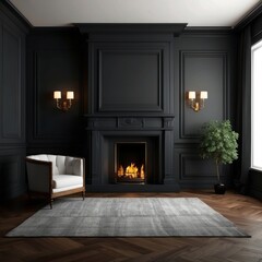 Black and White Living Room with Fireplace and White Armchair