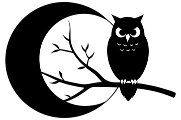 owl perched on a tree branch against a full moon silhouette Vector with a white background