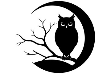 owl perched on a tree branch against a full moon silhouette Vector with a white background