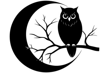 owl perched on a tree branch against a full moon silhouette Vector with a white background