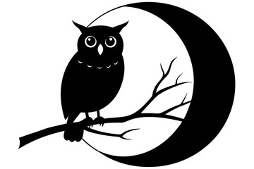 owl perched on a tree branch against a full moon silhouette Vector with a white background