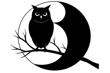 owl perched on a tree branch against a full moon silhouette Vector with a white background