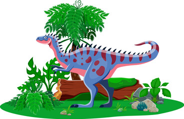 Alectrosaurus prehistoric dinosaur character. Isolated vector colorful dino in vibrant blue with red spots at lush landscape with ferns, rocks and log. Vivid and playful prehistoric jurassic scene