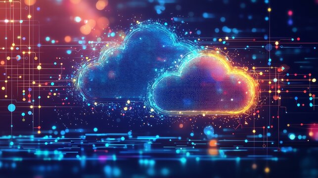 Digital clouds representing cloud migration with data points and network connections.