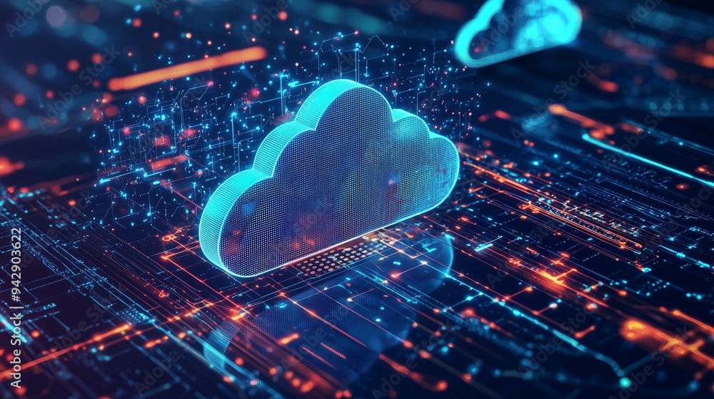 Poster digital cloud icons over a network, symbolizing cloud computing and data storage.
