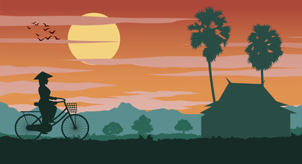 Vietnamese woman rides bicycle to comeback home on sunset time,vector illustration