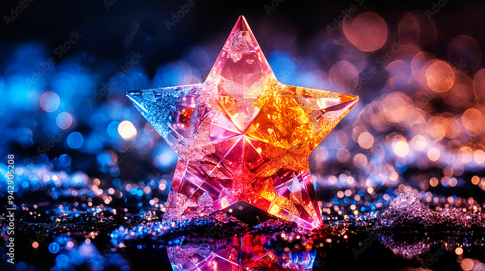 Poster luminous crystal star is shining on a sparkling reflective surface with a festive bokeh background