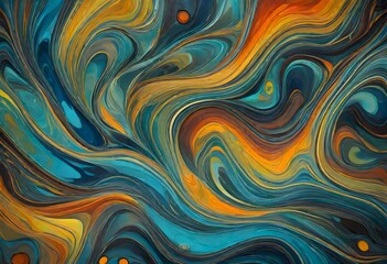 Obraz premium Abstract oil painting of colorful swirling pattern with vibrant red, orange, yellow, and teal hues, creating a dynamic visual effect, Generative AI.