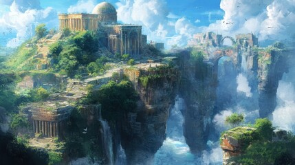 Ancient City on Floating Islands with Waterfall