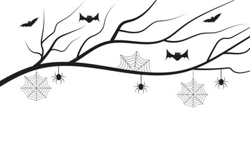 


Hand drawn Halloween dry tree with stretched Bat Hanging on spiders web black and white isolated background, Winter Naked creepy old trees No leaves bare branch Scary Spider silhouettes 



