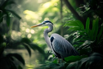 Naklejka premium A beautiful gray heron standing in the lush green grass near water, vibrant colors