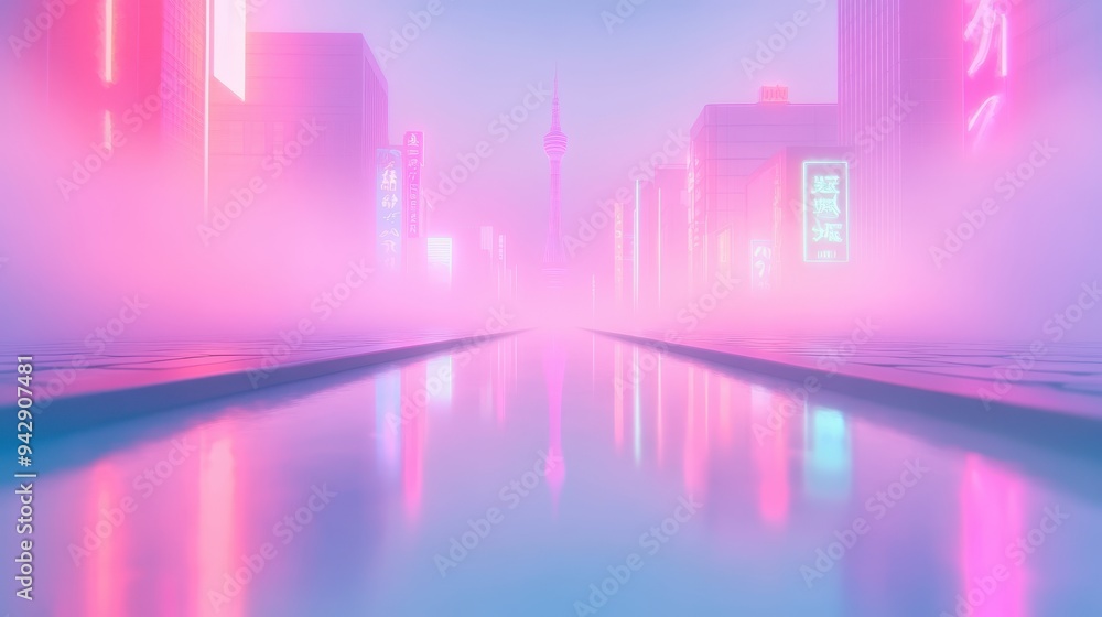 Wall mural a city street with neon signs and a tall tower in the background. the sky is pink and the street is 