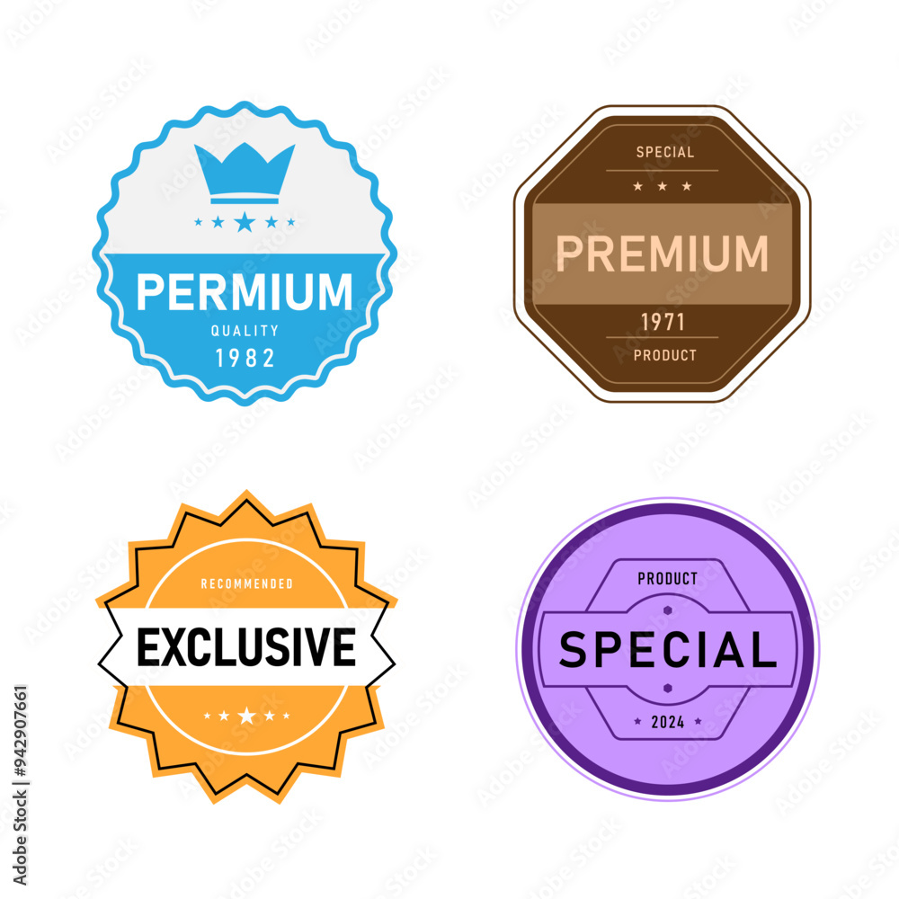 Poster badge design is a set of geometric shapes many colors with text above, numbers and symbols on a whit
