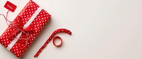 Obraz premium Red Polka Dot Gift Box with Ribbon and Tag