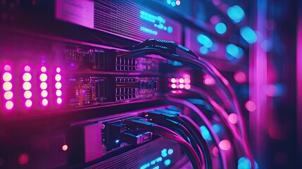 Close-up of server rack with cables. Represents data transfer & network infrastructure.