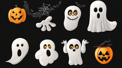 Ghostly Halloween vector icons collection, featuring spooky smiles and eerie eyes.