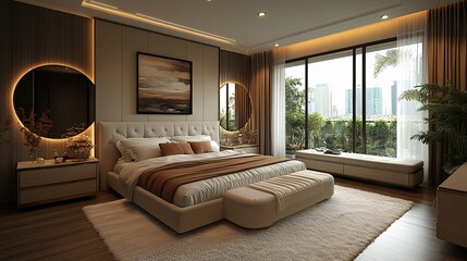 bedroom and master bathroom in a new luxury home, showcasing elegant decor, high-end finishes, and modern amenities

