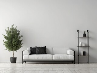 Minimalist Living Room with White Sofa and Black Accents