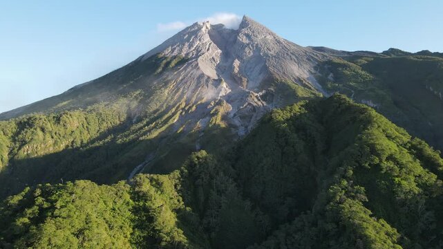 Merapi's Enchanting Aerial Drone Journey: A Celestial Sunrise. Drone Footage