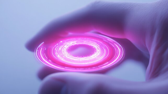 A hand holding a glowing pink circle. The circle is surrounded by a purple glow. Concept of wonder and excitement, as if the viewer is holding a magical object