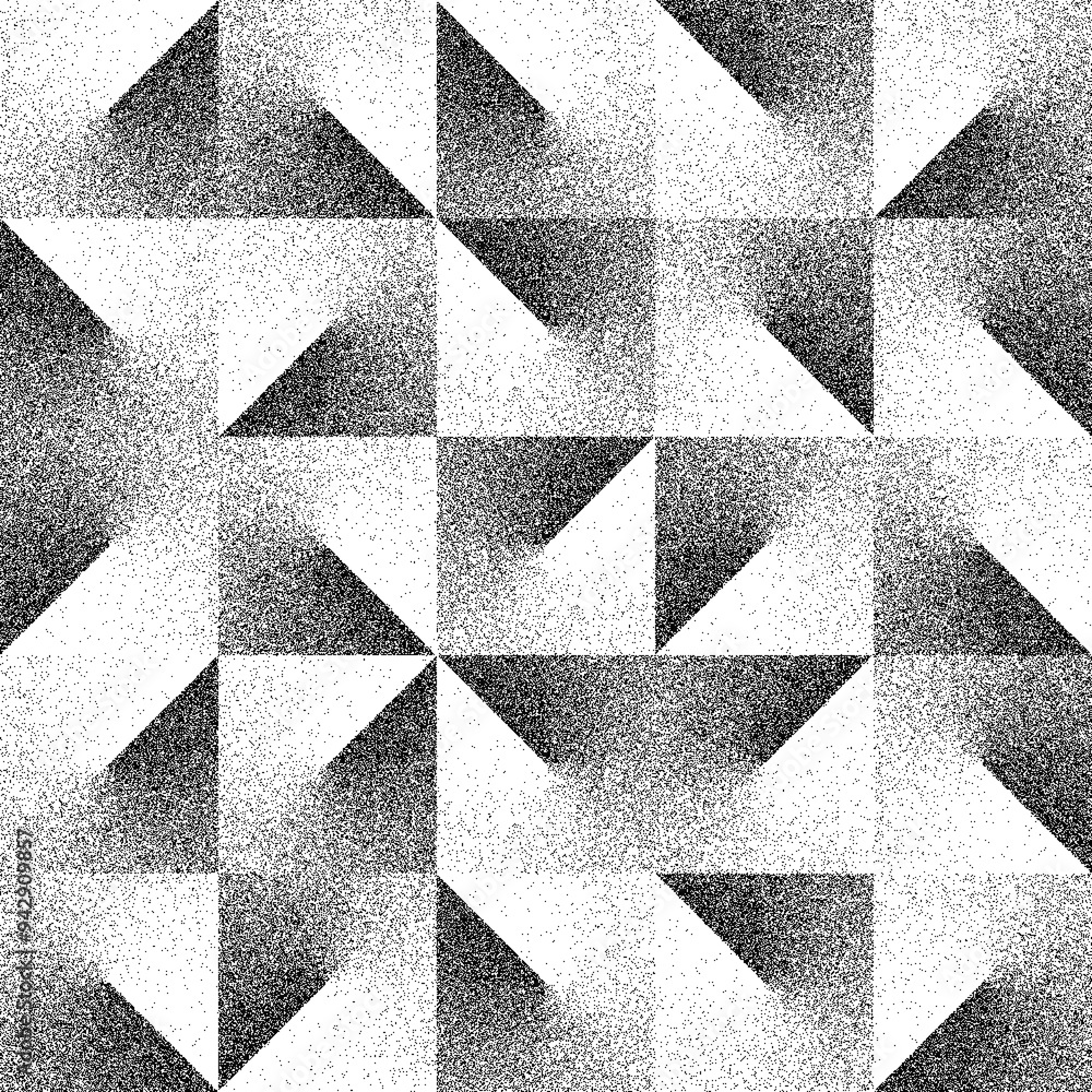 Poster Noise grain texture stipple seamless pattern. Vector abstract geometric background with black and white interlocking triangles, creating optical illusion effect with high-contrast and gritty texture