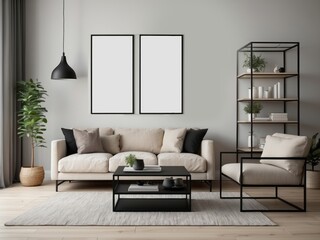 Modern Living Room Interior with White Sofa, Black Frames, and a Metal Shelf