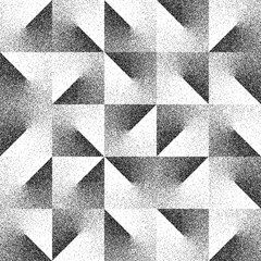 Noise grain texture stipple seamless pattern. Vector abstract geometric background with black and white interlocking triangles, creating optical illusion effect with high-contrast and gritty texture