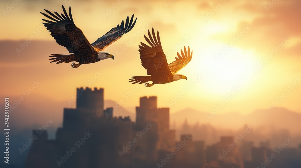 Poster Eagles Flying at Sunset Over City.