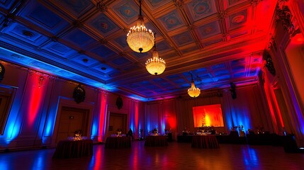 Obraz premium Opulent Event Space with Bright Chandeliers, Detailed Ceiling, and Warm Lighting Enhanced by Red and Blue Accents