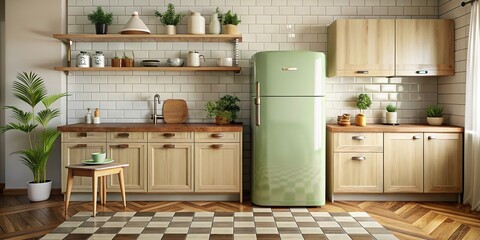 10. A retro-style pistachio green refrigerator, standing in a cozy, vintage-inspired kitchen with wooden countertops and ceramic tiles, a realistic photo image.