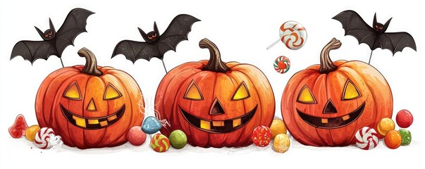 High-quality, isolated vector design of cheerful Halloween pumpkins with candies and bats.