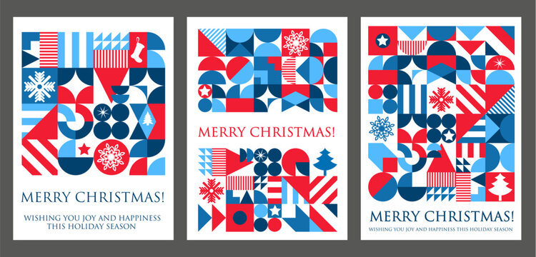 Christmas holiday abstract geometric greetings poster. Vector vibrant festive xmas cards in red, blue and white, with bold shapes and patterns, snowflakes, stars, and elements. Merry Christmas wishes