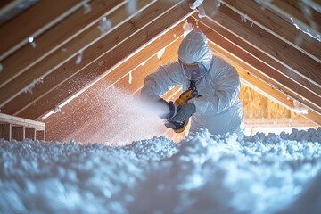 Worker in protective suit installing insulation. Perfect for blogs about energy efficiency, home improvement, or construction.