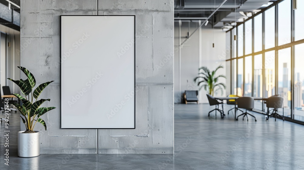 Poster conceptual advertising space displayed through an empty frame in a sleek, modern office environment.