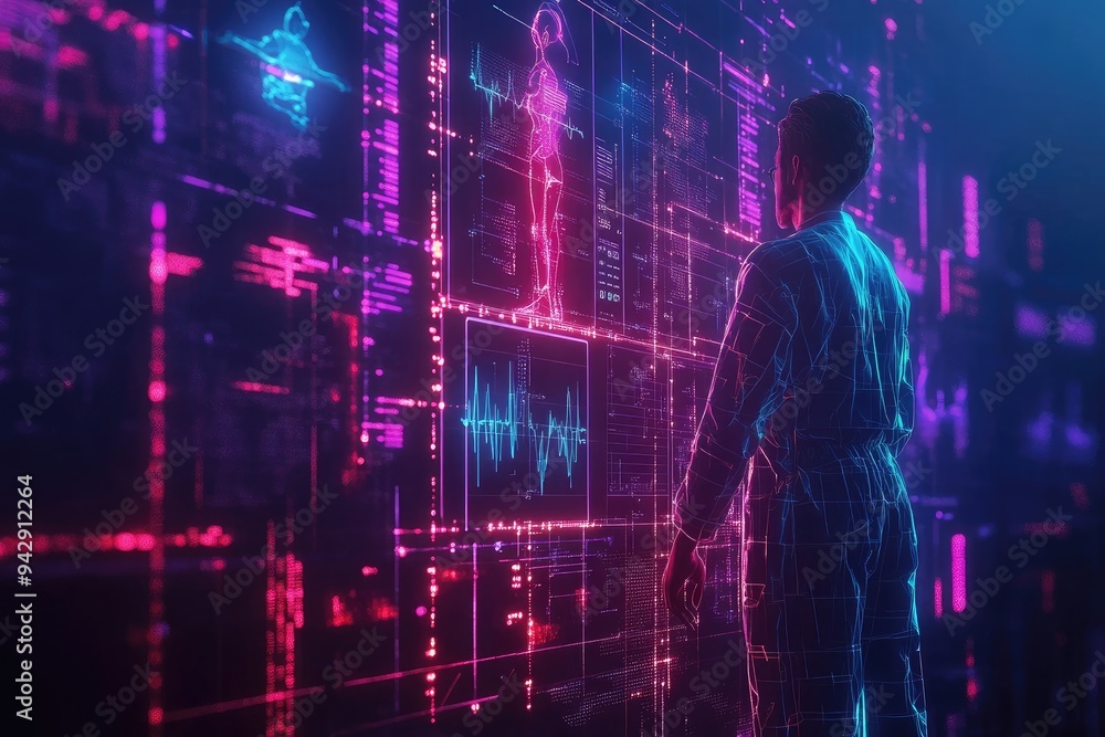 Poster a person looks at a digital interface. the photo shows a person examining digital data on a wall of 