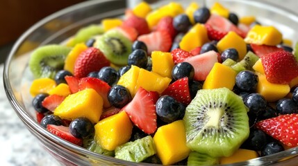 A vibrant fruit salad with a colorful mix of strawberries, blueberries, kiwi, and mango, served in a clear glass bowl. . --ar 16:9 --v 6.1 Job ID: 4b3cf91f-8cc0-48a1-a9ac-9a0102cc9241