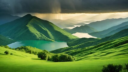 劇的な山の風景と湖と嵐の空