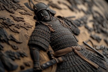 An intricate engraving of a traditional Japanese samurai in full armor, poised for battle. 