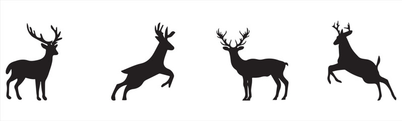 Set  of silhouette hunting deer vector isolated on white background. Christmas deer, deer silhouette, moose, antelope, deer jumping vector.