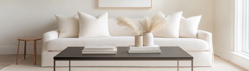 A white couch with pillows and a black coffee table with books on it. The room is clean and well-organized