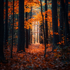 A dense forest in autumn with vibrant orange and red leaves.
