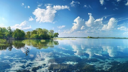 Tranquil Lake with Lush Greenery and Reflected Clouds